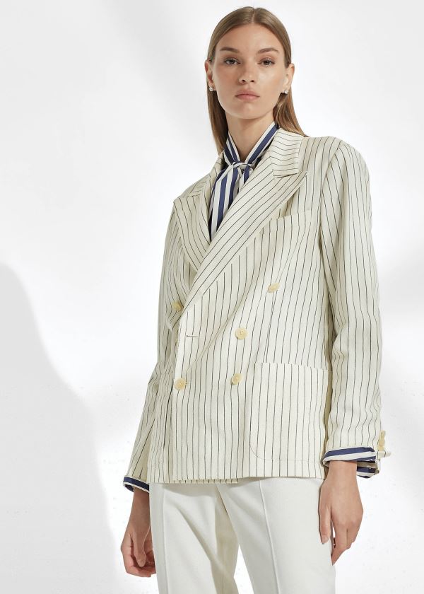 Chaquetas Ralph Lauren Mujer Creme / Azul Oscuro Marino - Alexi Striped - ZXMIN0472